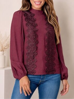 ON TWELTH Burgundy Lace Mock Neck Puff Sleeve Blouse Top M NWOT